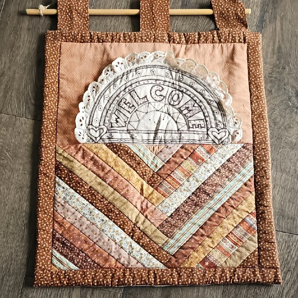 70s Vintage Patchwork Welcome Wall Hanging Retro Bohemian Decor Quilt Handmade
